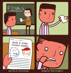 twitterthecomic:  *professor hands out final* *its a single piece of paper that reads: what if sonic fought mario* *you start sweating profusely*— tiny doge (@tinydoge) April 4, 2013 