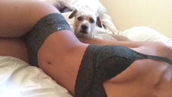 0bliqu:  Here’s another pic with my dog who’s tired of me taking cute pics in my panties.