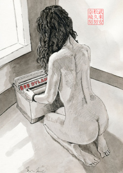 naked-yogi:  lesstalkmoreillustration:  Bryan James RECORD COLLECTION  Pretty sure this is based off of an @electricsexdoll photo… And pretty sure they gave her no credits. 