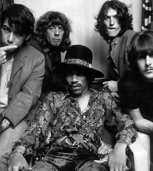 nostalgia-eh52:  Great Group Shot Left to Right:Eric Burdon ( The Animals ) , John Mayall ( Blues Breakers ) , Jimi Hendrix , Stevie Winwood ( Traffic ) , and Carl Wayne ( The Move ) 