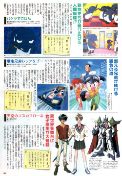 animarchive:    Animedia (02/1996) -   Bucket de Gohan, Bakusou Kyoudai Let’s &amp; Go and Escaflowne.