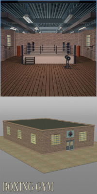 A set of 13 props replicating a retro-styled boxing gym complete with the boxing gear and equipment needed to set up a boxing scene.  The set gives you both a detailed, usable exterior building model along with a spacious interior.             