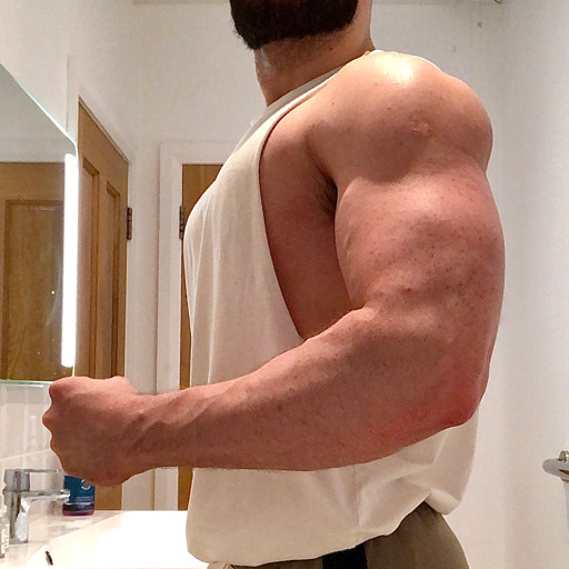 steroidalmasculinity:Fucking hell! What a spectacle this man is!The sweep on those quads is otherworldly. His pecs so thick and engorged with muscle that his chain has been captured and forced to squeeze in between them.Obscene mushroom cloud lats poking