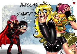 we all know&hellip; this bound to happen sooner or later.don’t worry its not nudity, so its okay. :Druby rose and yang xiao long as girldicks. ruby is not that amuse, but yang is taking a liking to it.  you can “she’s cumming along great!” that