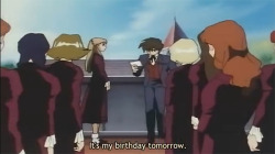 ani-plamo:  eytancragg:  ani-plamo:  toshawtaloud:  missveryvery:  are you shitting me, you left out the best part.      THIS DIDN’T MAKE SENSE TO ME AS A KID AND IT STILL DOESN’T  she won’t be having a birthday  Isn’t this gundam wing? I’m