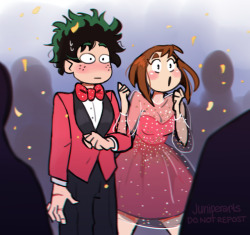 juniperarts:The bnha kids have a Homecoming/Prom and Deku and Uraraka are crowned king and queen! The girls and boys take reaction pictures! (Bakugo is there … he is creating the explosion in the boys photo 😂) 