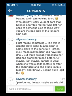 Found this on instagram&hellip; I think this allyamuchaerany person have some logic&hellip; Yeah, what if Sarada did drank karin&rsquo;s blood&hellip; But then again, it was not confirm that the specimen was karin&rsquo;s&hellip; As you all know, karin