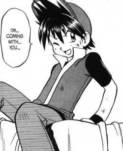 gaypokemontrainers:  &ldquo;I’m… coming with… you…&rdquo; says Red with a wink, blatantly admitting to Green what he plans to do during their upcoming intimate encounter. … This is what happens when I read Pokemon Special and take Manga-Caps