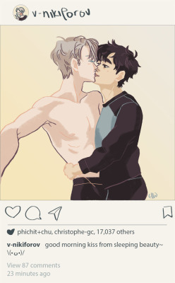 totorororo:  Viktor’s probably only allowed to post kisses on IG when Yuuri’s too sleepy to care/be embarrassed.