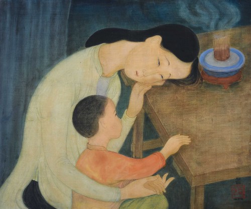 oncanvas:  Mère et Enfant (Mother and Child), Mai Trung Thứ, 1947 Ink and gouache on silk46 x 54.5 cm (18 ⅛ x 21 ½ in.) 