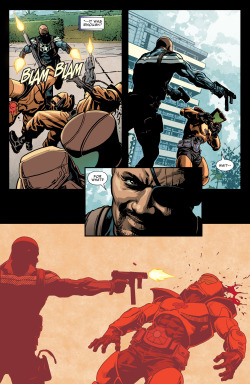 towritecomicsonherarms:  Some guy shooting some guys.  Secret Avengers #5  Nick Fury shooting A.I.M. Drones. There, I fixed it.