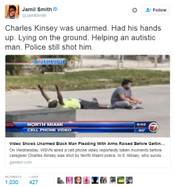 trebled-negrita-princess:  destinyrush:   Unarmed Black Man With Hands Up Shot By Police. Charles Kinsey, 47, a behavior therapist from South Florida was shot in the leg three times by the police in North Miami while laying on the ground with his arms
