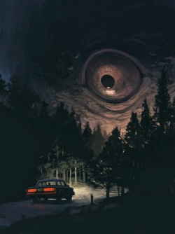 monthoffearart: Kurt Huggins For the “Things that Go Bump” challenge from Month of Fear 2014. “The Watcher, this comes from a feeling I tend to get while driving down moonlit rural roads.”  I love how creepy this is 👻 