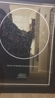 The frame I bought is incredibly reflective but here&rsquo;s my Christmas present from my husband. This is a poster of the constellations above my hometown in Alaska on our wedding day😭😭😭😍😍😍💞