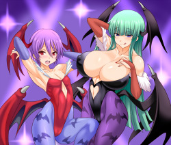 terasuccubi:  Lilith and Morrigan Aensland by コンノトヒロAs found at:http://www.pixiv.net/member_illust.php?mode=medium&amp;illust_id=48238886It’s Halloween and there is a knock at the door… The question is… are you the treat or are you about