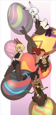d-rex-art:  A quick little easter pic featuring (from top to bottom), my girl Bunny, Resari’s Mara, my own girl Brit and ClockworkVivi’s Hare :D!All the bunny girls are part of BnFWorld! 