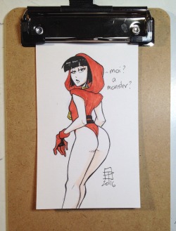 callmepo:  Ok, I blame Herny for this index card sketch. The “monster” comment is a nod to Lady Gaga but it seemed fitting for Creepy Susie to say it.   Hot Red Sweater Susie returns again