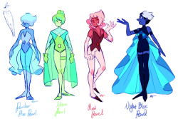 purpleorange:  All of my pearlsonas so far!powder blue, neon, red pearl belongs to Nacre. (Nacre has a lot of pearls…’cause she makes them(obviously)Night blue belonged to Star quartz. this is her design while back on homeworld :)