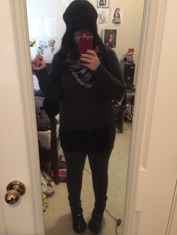 fuckyeahchubbyfashion:  Ashleigh/19/size 16  Sweater: size M, hand me down from my mom, label says gap but it’s olddd   Skirt: Delia’s, size xl  Leggings: target, size xl  Shoes: Harley Davidson motorcycle boots  Scarf: JCPenny 