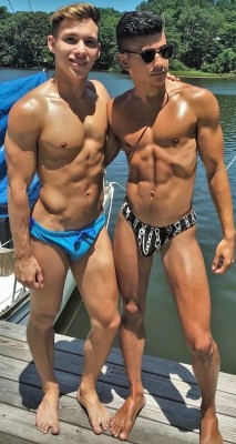 sfswimfan:  Twink besties Keen &amp; Chase in speedos on the dockUNF at these two adonis twinks in their bulging beach briefs and diamond-cutting-nipples!!  And that toe-toe, thigh-thigh, knee-knee, shoulder-shoulder contact… makes ya wonder if they