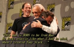 Now there’s some gratitude (Robert Downey Jr. hugs writer Stan Lee after his revealing statement during an interview)