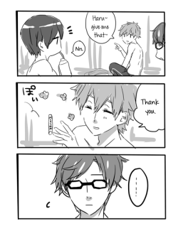 myth720:  [Source] Artist’s comment: “MakoHaru communicating with just “this” and “that” is really like a married couple thing, however Rei-chan is… Rei-chan is..” Haha don’t despair, Rei-chan. They’re married, but you’re still adorable