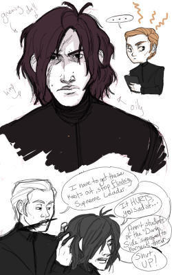 Stupid doodles while on the way to Nebraska, because consider Hux taking things into his own hands when Kylo, absolutely overwhelmed and almost constantly in crisis, continues with his hair&rsquo;s descent into a neglected, tangled mess.