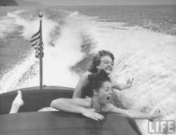 forties-fifties-sixties-love:  Betty Brooks and Patti McCarty motor boating at Catalina Island, CA 1941 by Peter Stackpole 