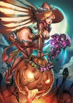 reiquintero:  Overwatch Witch Mercy &amp; Possessed Pharah Halloween Special artwork! I had an amazing time streaming and creating this piece featuring my favorite Overwatch characters, I’m loving so much these skins Specially since Pharah is my main