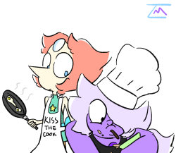 triangle-mother:  cooking mamas.png I headcanon that Pearl and Amethyst cook together for Steven Amethyst purposely splashes some batter on Pearl’s face just to kiss it off a lot (she uses the apron as an excuse to kiss her) 