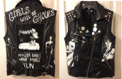 thegothicalice:  Everyone knows the best girls are ghouls. OOAK hand painted and modified vest. Featuring Morticia Addams, The Bride, Vampira, Lily Munster, and Elvira. 