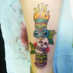Recent tattoo. Thanks Gabby!    #ink #tattoos #chelsea #boston  #ravenseyeink #tattoo #color  #skull #tiki (at Raven&rsquo;s Eye Ink)