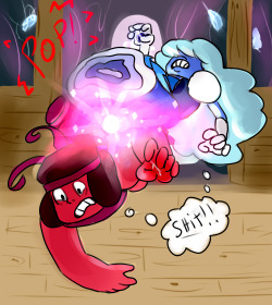 jen-iii:  Okay so, Ya’know how whenever the gems unfuse, they always just basically fall and stuff right? Well I picture Ruby and Sapphire absolutely sucking at landing since they don’t unfuse often :D So just picture these babies flailing in the