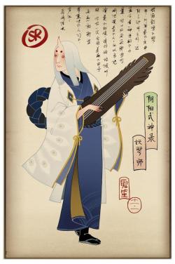 tanuki-kimono:  [Part. 6/6] Onmyoji  (阴阳师) mythical   characters, drawn ukiyo-e style by 鬼笙 (find other parts here) Shikigami are supernatural beings in Japanese folklore. Shown here are characters:     Youkinshi, I am not sure if this one