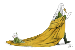 thelastlonelywriter:lasgalenelves: motherofbees-blog:   Legolas always loved riding the end of his father’s robes as a little elfing~ Thranduil never minded and always felt quite amused by it… …even when Legolas was older and drunk. ;’3 Based