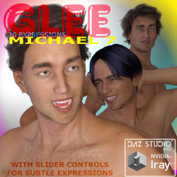 Farconville has just made you’re posing lives a little more easier! Don’t bother making Michael 7 happy yourself! Use this great new morph and pose product!  Glee  Expressions for Michael 7 and Genesis 3 Male is comprised of 30 custom  facial expressions