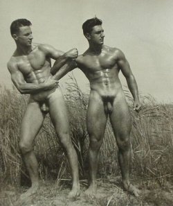 vintagemusclemen:  Two young men entwined in the dune grass at Fire Island, 1940.  I think this was done by Earle Forbes. 