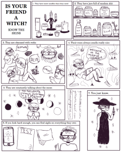 thislovelymaelstrom: mysterioscheerios:   ghostkid2000:  IS YOUR FRIEND A WITCH? I’ve started doing monthly comics for witch way magazine! This is what will be coming in the june issue along with other quality pagan content it’s gonna be SICK pls