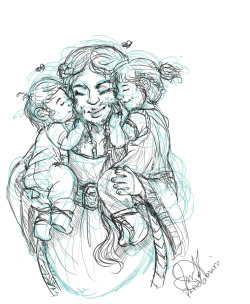 pandamani:  Kisses for mommy. I was originally just gonna draw Dís -but I’m drawing a picture of Belladonna and Bilbo- and I felt like adding something sweet and cute. I’m sure she’s enjoying this time that they’re little and adorable. I’m