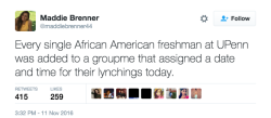 thechanelmuse:   From The Huffington Post:  Black Freshmen At University Of Pennsylvania Receive Racist Messages Depicting Lynchings A number of black freshmen at the University of Pennsylvania on Friday received multiple messages via a mobile group
