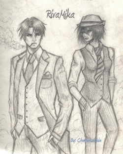 chewykookie:  Don’t they look classy? Because I’m currently obsessed with this ship, and RivaMika week is literally two days away. I thought it was time i contributed to my snk otp lol Not my best work, the scanner blotched up a lot of the line work