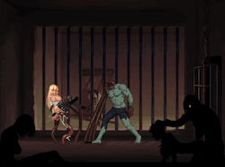 Busty blonde with big tits getting raped by mutated man/tentacle monster cock in sex orgy prison cell after the apocalypse.