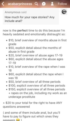 unthrifty&ndash;loveliness: thatpinkmatter:   smouldered:   naked-yogi:   midnight-mademoiselle:  yungkiitten:   wouldyoukindlynotbegross:  ⚠️ Trigger Warning ⚠️  Selling stories about being raped as a minor is not okay. I understand that she
