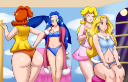 speedyssketchbook: Princesses have sleepovers right?  Little pic commission for @chancetime-timeforachance . Princess Teri and Tina(Nina) having a sleep over with Princess Peach and Daisy. :D  Teri, don’t stare, it’s impolite!  Enjoy!  ;9