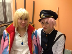 Me and my girlfriend at Närcon this weekend. I was Howl from Howl&rsquo;s Moving Castle and she was Utena from Adolescence of Utena. It was 1 am and we were both exhausted, but happy.