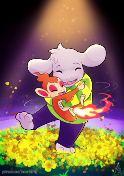 searching-for-bananaflies: Here’s a patreon commission for @pokediginut, who wanted Asriel from Undertale, hugging a chimchar from pokemon. What a cute duo, I say. Thank you for the support and commissioning me!  aww ; u; &lt;3 &lt;3 &lt;3