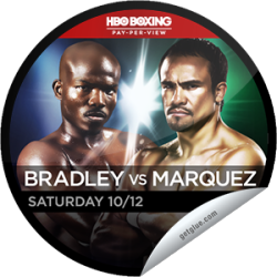      I just unlocked the Bradley vs. Marquez sticker on GetGlue                      1237 others have also unlocked the Bradley vs. Marquez sticker on GetGlue.com                  Tonight undefeated welterweight champion Tim Bradley defends his title