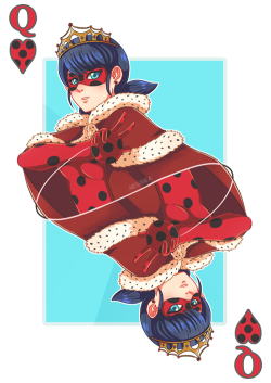 mesoxalic:  Been wanting to make a “card” feel and thought I’d use it for my first Miraculous Ladybug fanart. Ladybug as the Queen of Hearts and Chat Noir as the Jack of Spades! Twitter post 