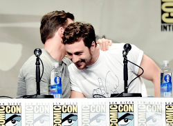 p-pikachu:  Chris Evans and Aaron Taylor-Johnson attend the Marvel Studios panel during Comic-Con International 2014 at San Diego. 