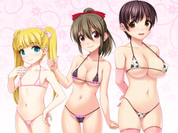 2D anime game Idolmaster Cinderella Girl main characters in small string swimsuit.